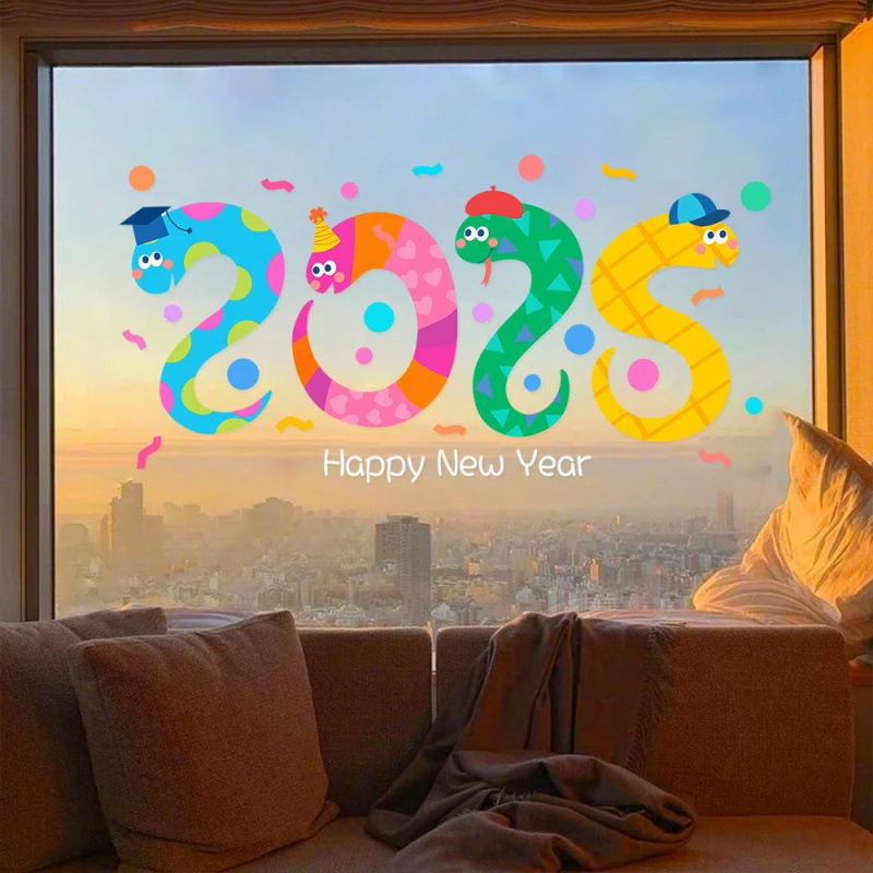 新品2025蛇年元旦装饰贴纸过年橱窗玻璃新年春节布置静电贴画门贴