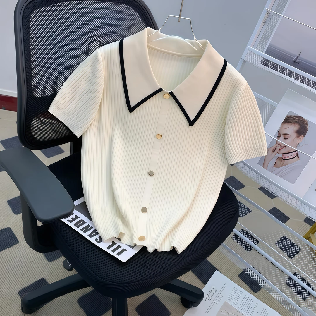 夏季薄款冰丝短袖女小香风气质翻领针织衫竖坑显瘦百搭上衣女