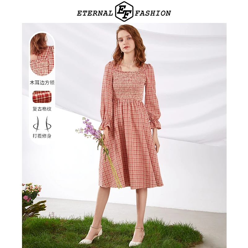 E-EF复古格子连衣裙精致方领长袖收腰A字裙2130613003Z-