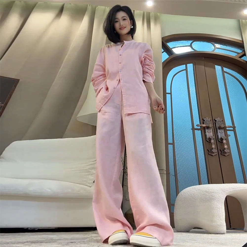 2025春夏季新款时尚慵懒亚麻套装女休闲洋气衬衫阔腿裤气质两件套