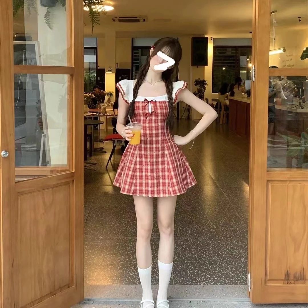 红格物语少女感显瘦气质复古红格纹小飞袖公主裙小个子百搭短裙