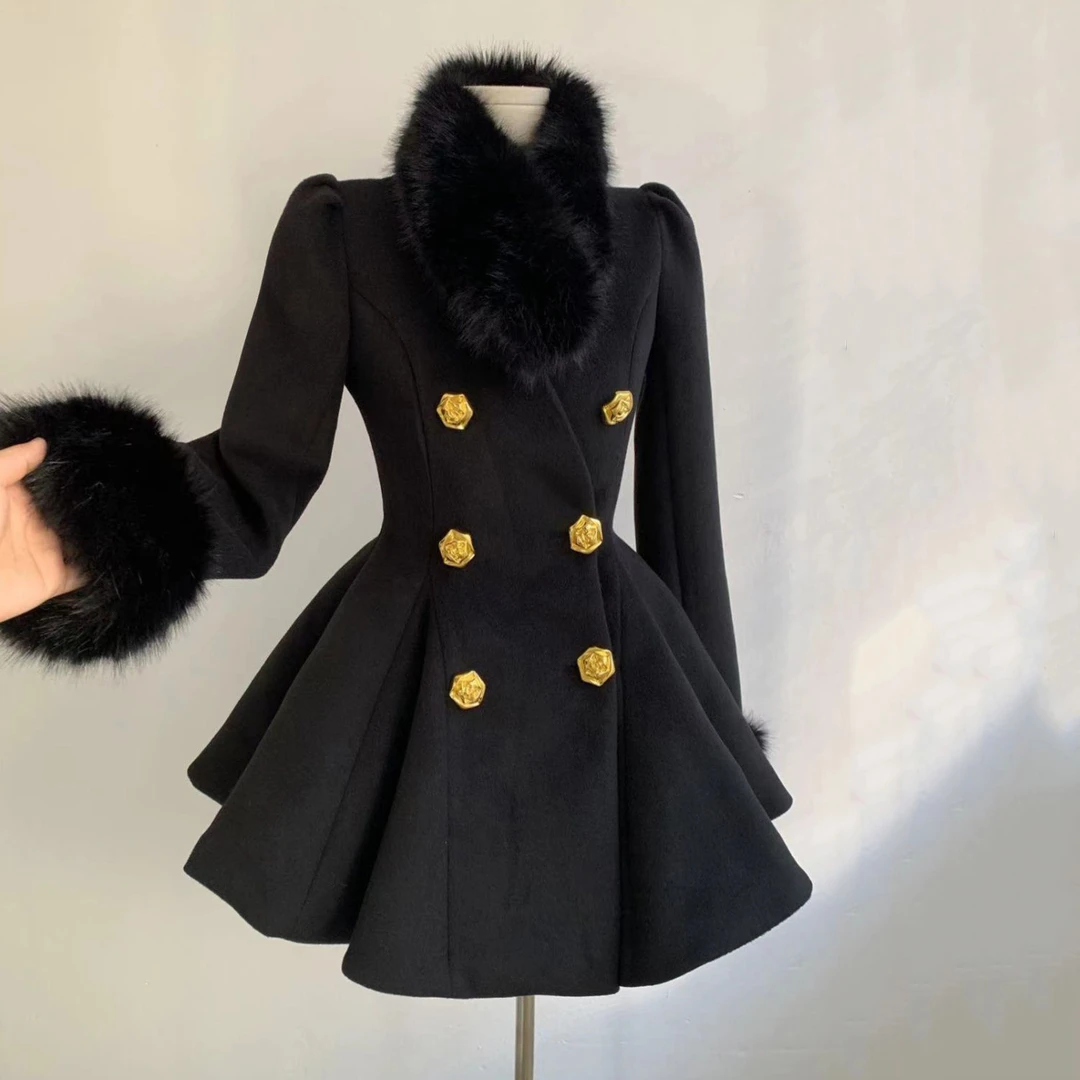 圣日尔曼小香风金扣毛领黑色收腰毛呢大衣女冬夹棉毛呢外套中长款