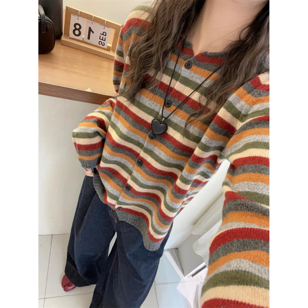 内搭5096色条纹复古显瘦上衣春秋宽松圆领套头针织衫时尚百搭A