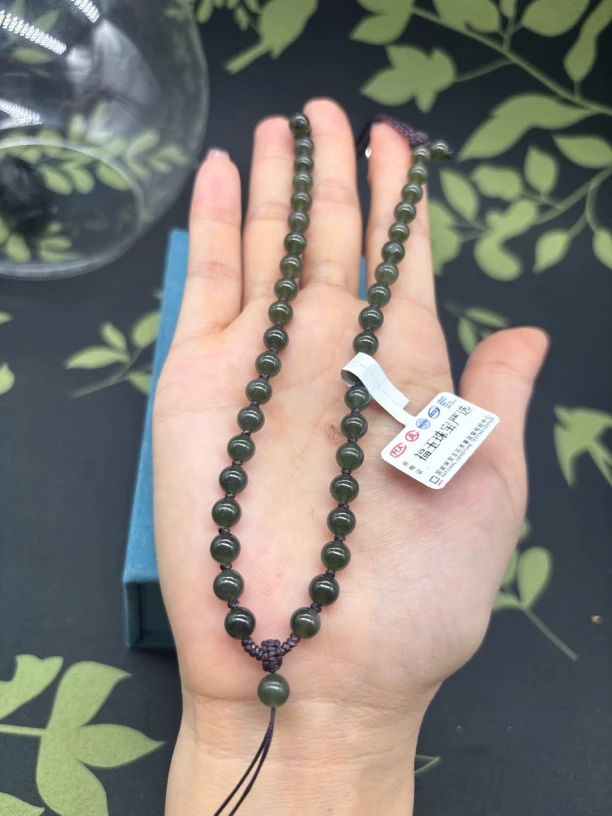 保真天然和田玉青海料湖水绿圆珠6mm玉石珠链挂件绳项链可调节款