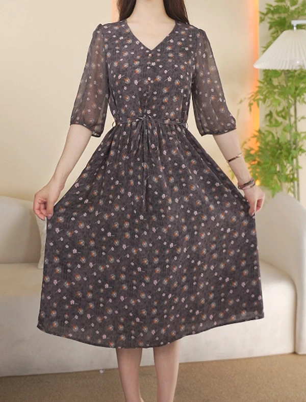 【送腰带】2025夏季时尚V领收腰春意盎然气质显瘦女士连衣裙#0519