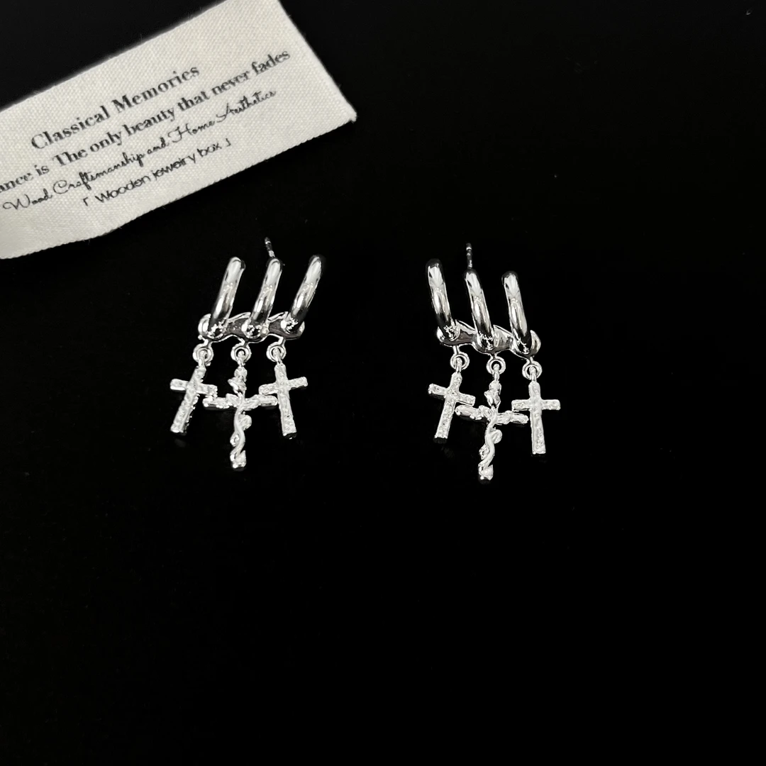 铜合金锆石耳饰 【光羽】三排十字耳钉1423