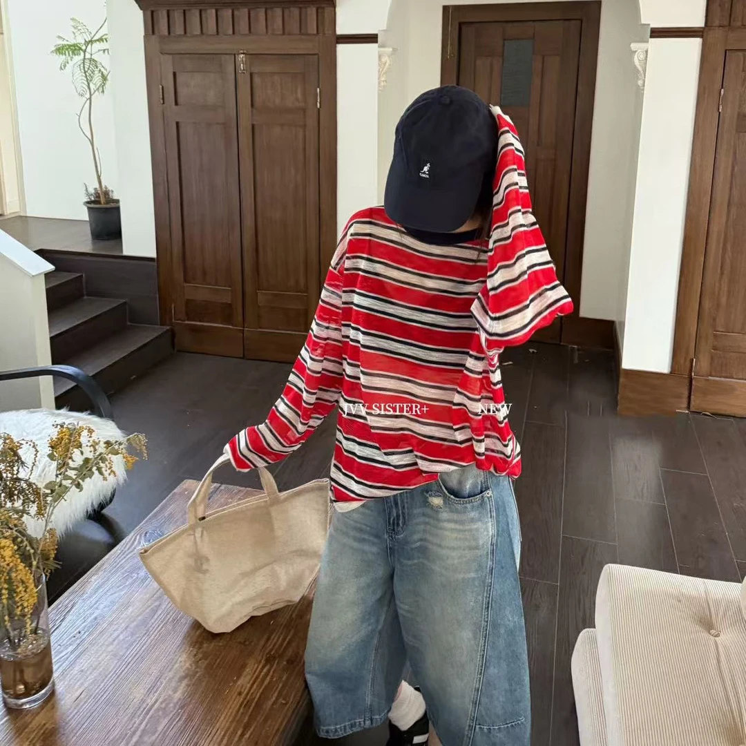 DI JIE STUDIOS夏新款薄款防晒宽松显瘦洋气休闲条纹针织衫#1157