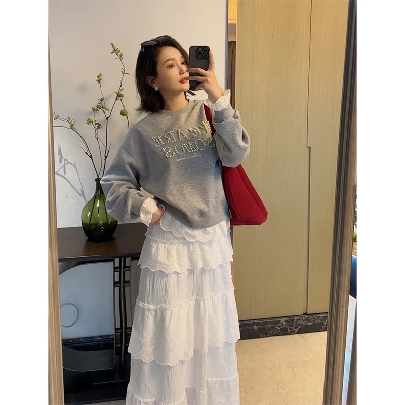 MISS RUILI定制 2025早春新款字母珍珠刺绣圆领卫衣女F0027