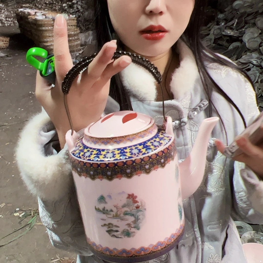摆件陶景德镇红xixi十周年山水提梁壶