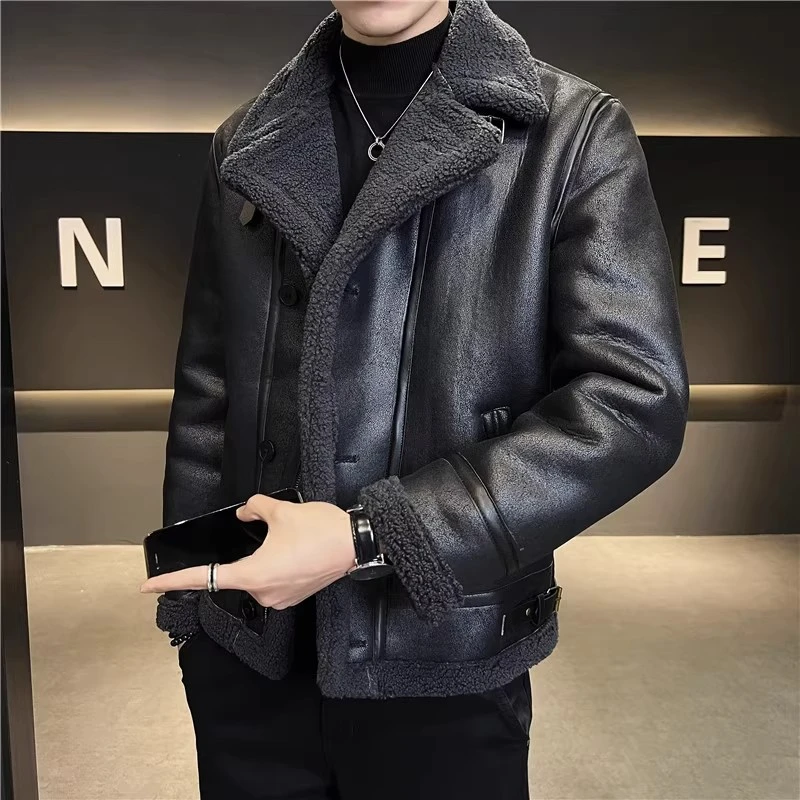 冬季单排扣男秋冬男士复古皮夹克夹克休闲加绒男装