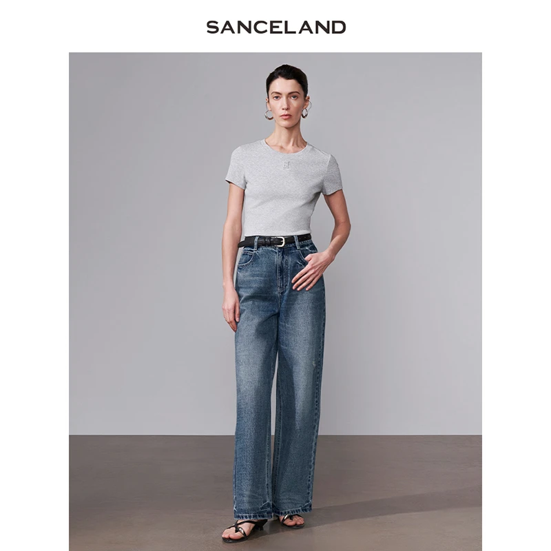 SANSELEND三石一澜夏新款复古做旧高腰直筒阔腿牛仔裤SJ22203117