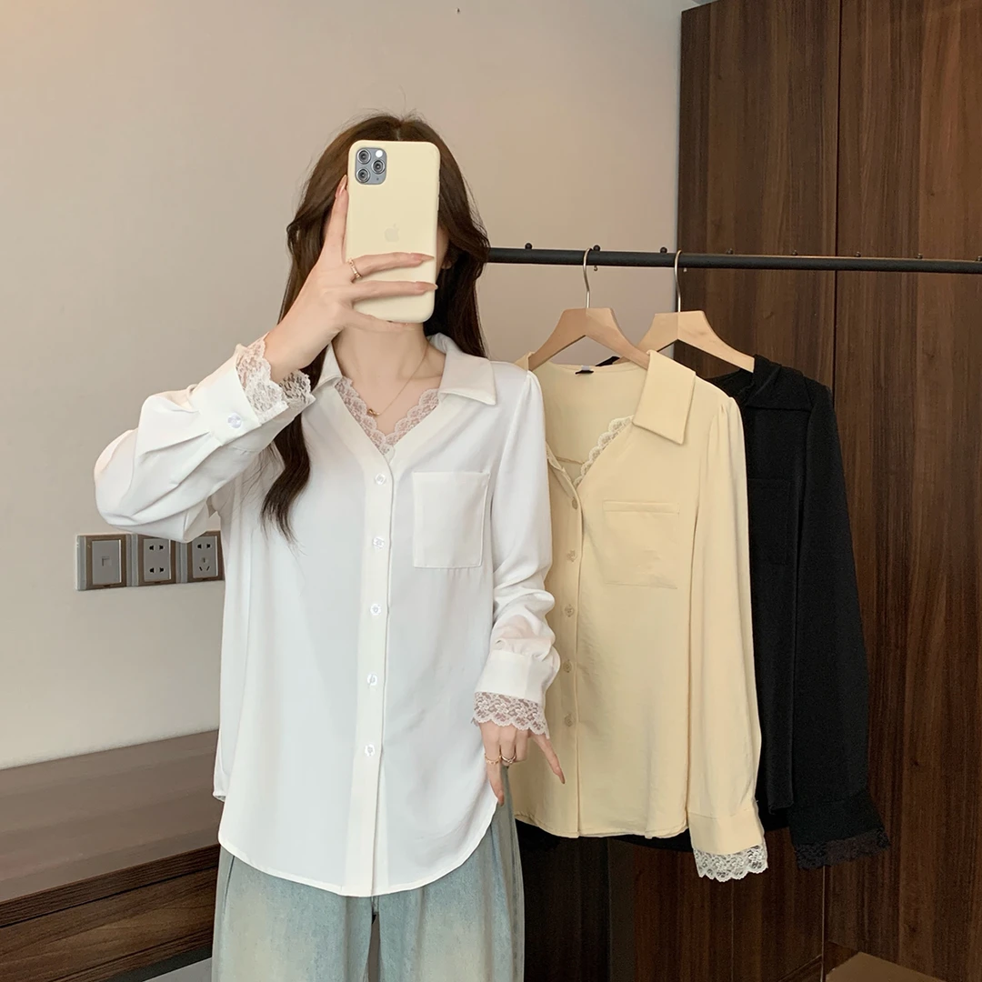 大码春季2025春季气质蕾丝拼接衬衫胖妹妹韩系宽松衬衣63961