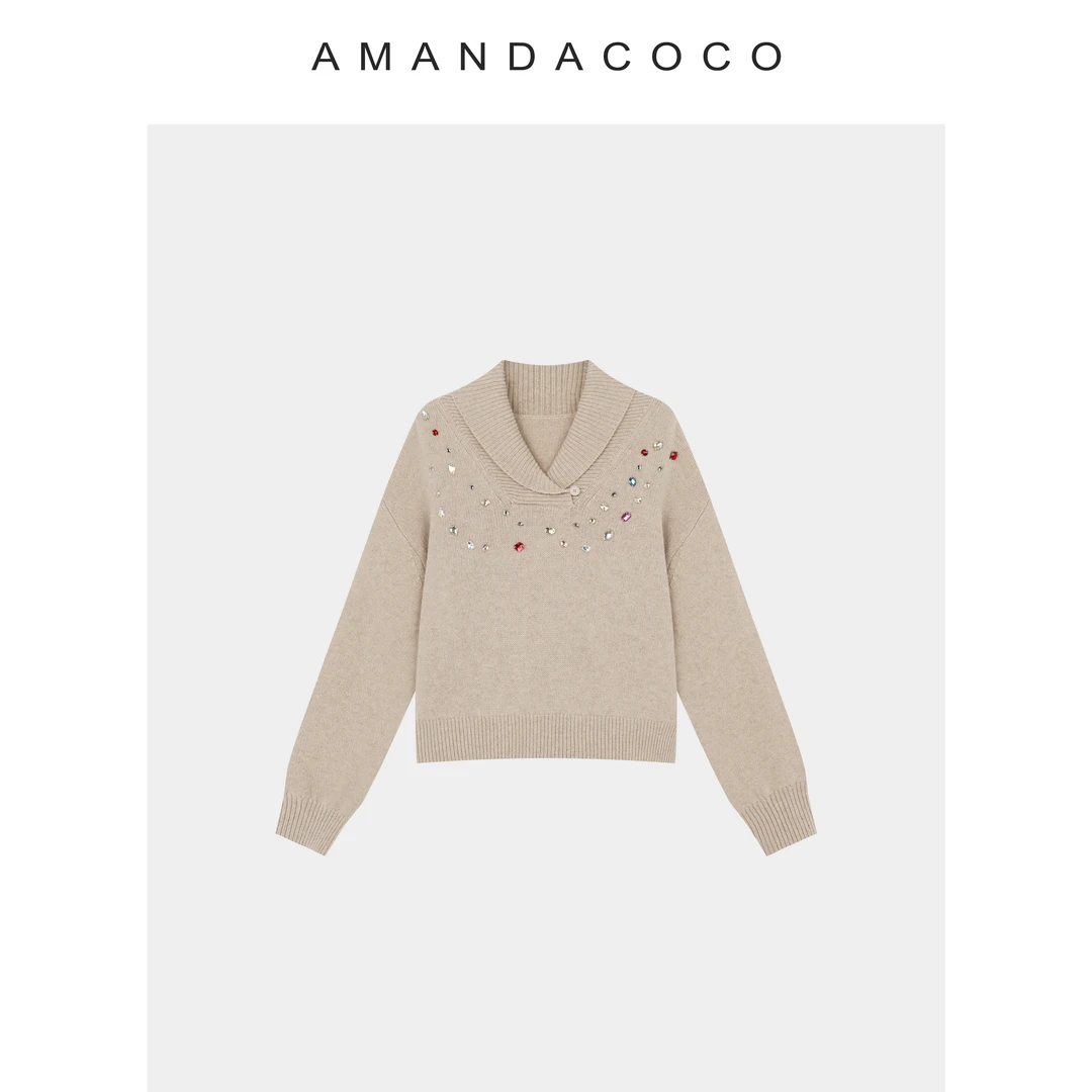 黄昏旋律～秋冬设计感彩钻翻领气质法式针织衫