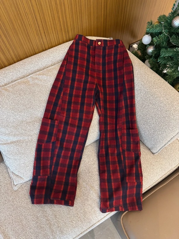 h5840 CC推荐格子磨毛工装直筒休闲裤