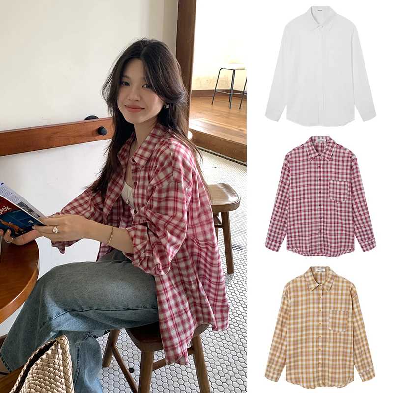 Miss sumeyY3867自制松弛感红色格子长袖防晒衬衫女白色微透上衣