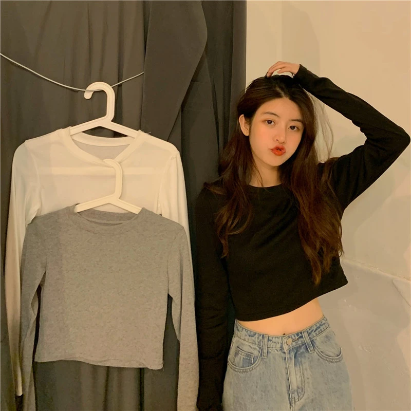 基础款长袖白色打底衫韩版短款露脐T恤女2025秋装修身显瘦上衣潮