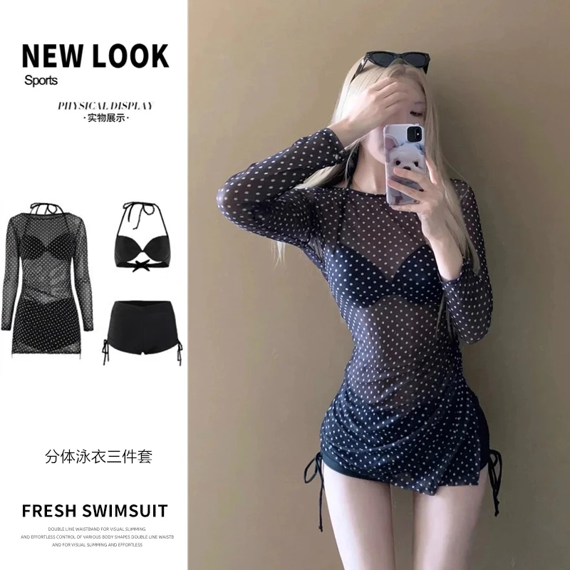 泳衣女分体保守三件套韩版ins比基尼钢托聚拢少女防晒罩衫游泳装