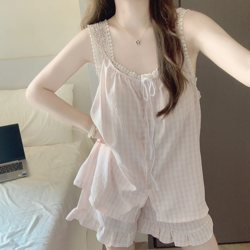 【带胸垫一体】睡衣女夏季新款吊带短裤亲肤棉甜美粉格子家居服套装