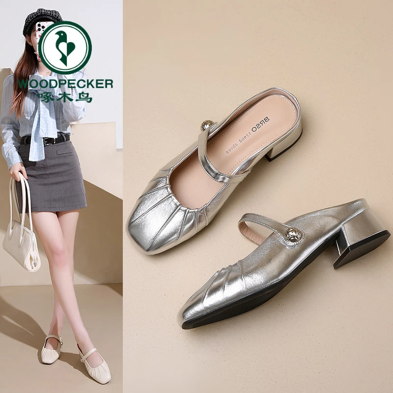 啄木鸟轻奢包头玛丽珍凉拖女2025夏季新款复古平底懒人百搭半拖鞋