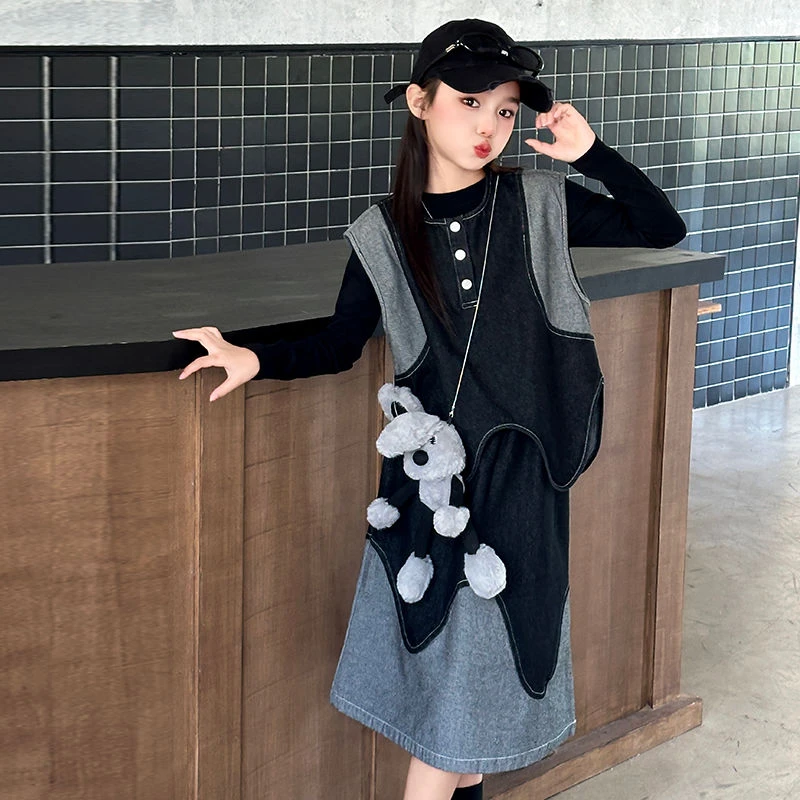 女童套装秋季时髦洋气新款女孩马甲裙子中大童秋装牛仔两件套