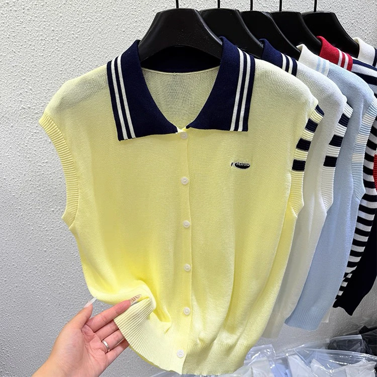 古品丽翻领冰丝针织衫夏季静奢风不起球设计感polo衬衫女