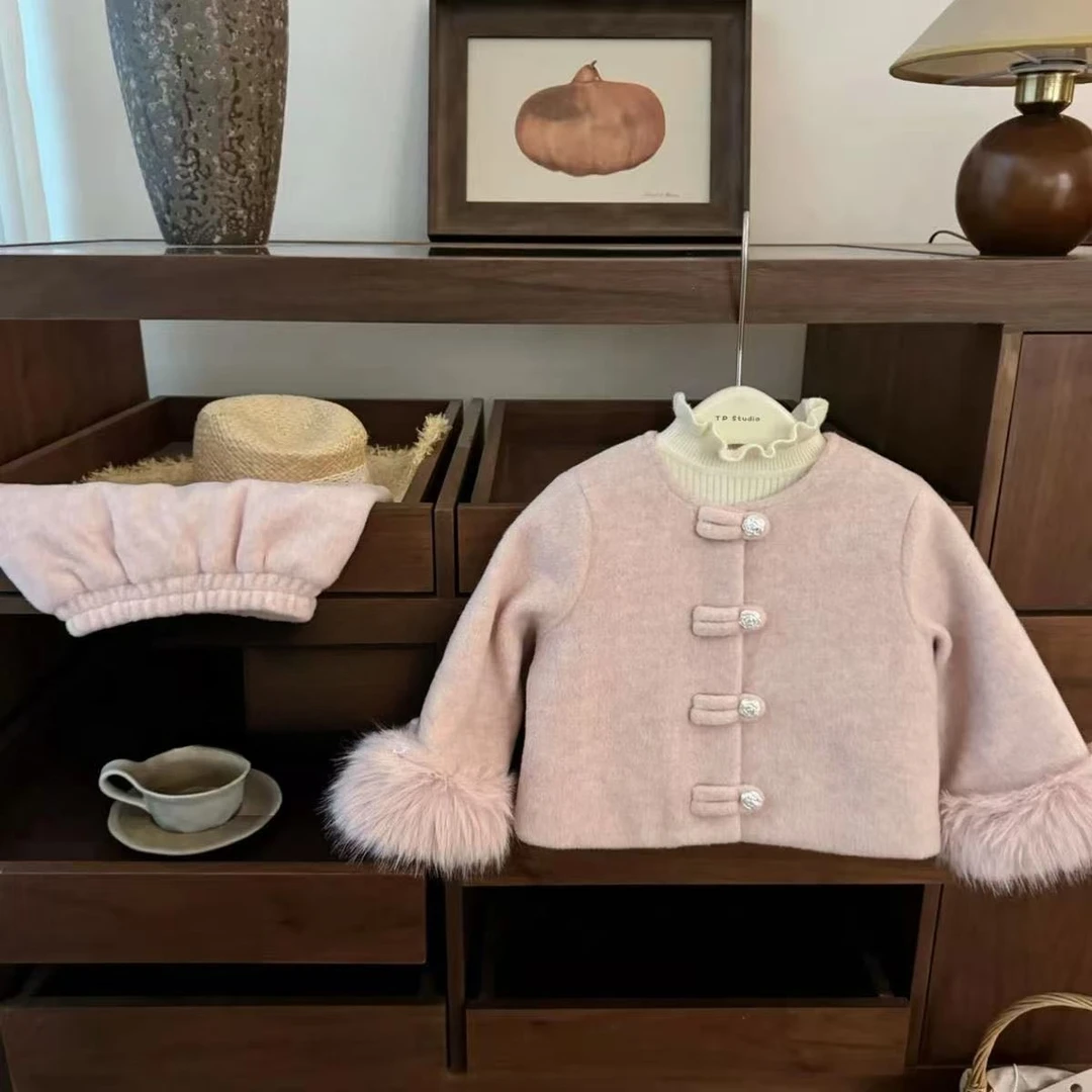 桃之幺幺甜妹!秋冬女宝小香风毛毛袖口外套洋气加厚半裙套装裙子