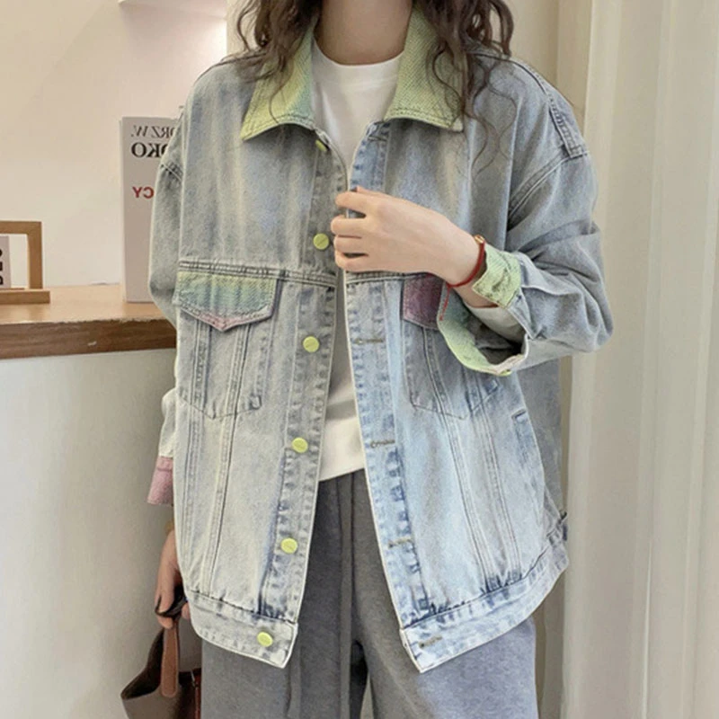 欧货洋气简约彩虹撞色系宽松休闲牛仔外套女2025早春新款减龄上衣