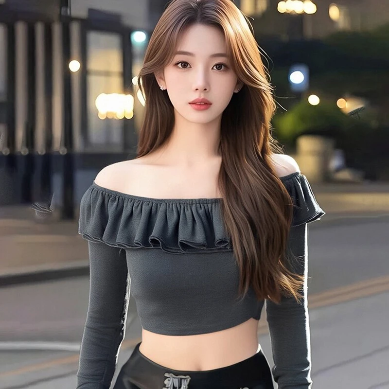 纯欲风性感辣妹一字肩长袖上衣女春秋季新款设计感小众内搭打底衫