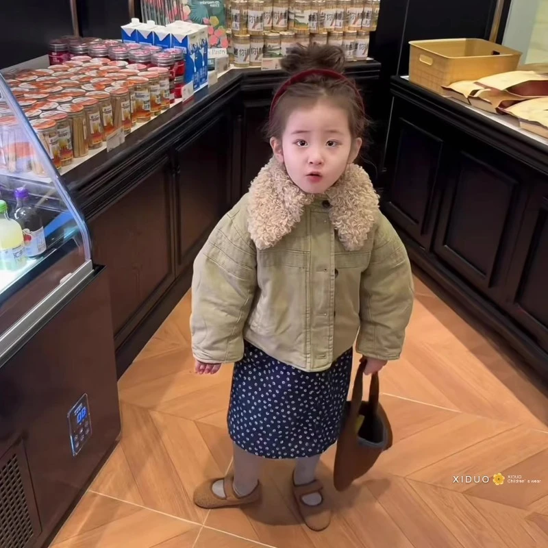 韩国儿童保暖夹克衫2025秋冬款女童洋气翻领夹棉加厚潮牌外套棉服