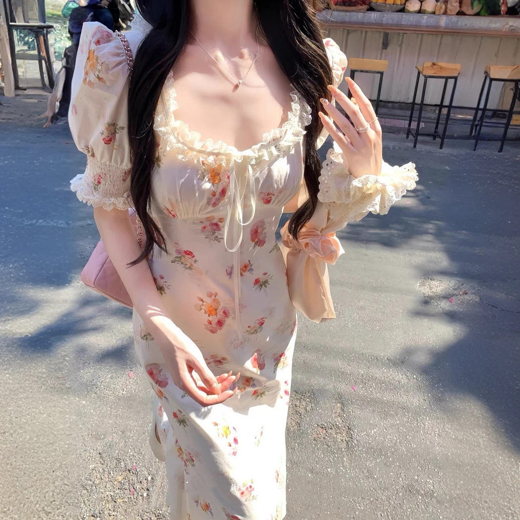 白塔玫瑰 U领花边连衣裙女早春韩系chic别致穿搭长裙