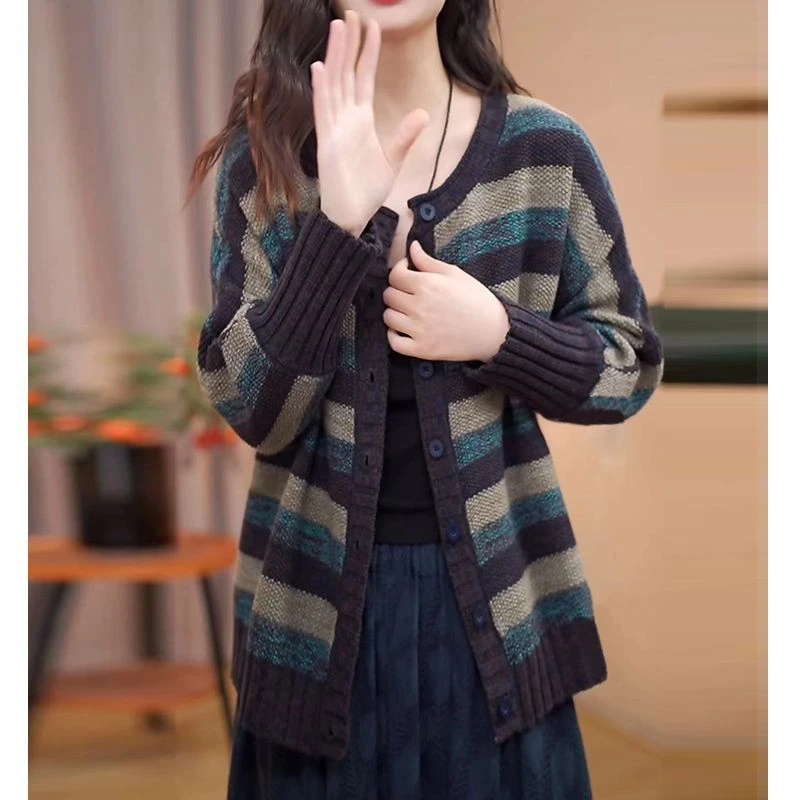 春秋新款复古文艺长袖外套时尚宽松慵懒风开衫百搭圆领针织衫毛衣