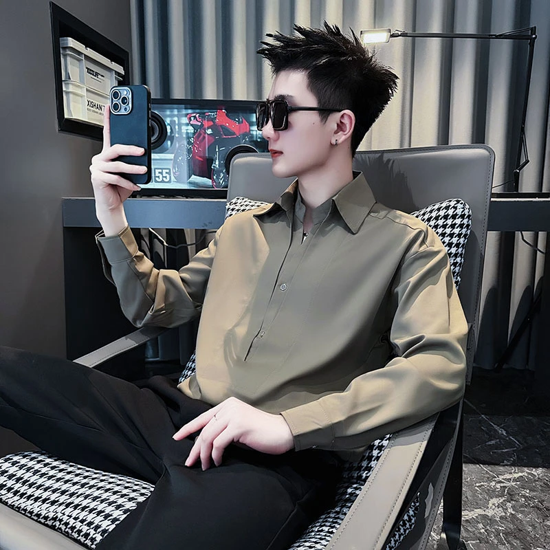 拼接假两件衬衫男士春秋季长袖衬衣2025新款高级男装英伦痞帅寸衫