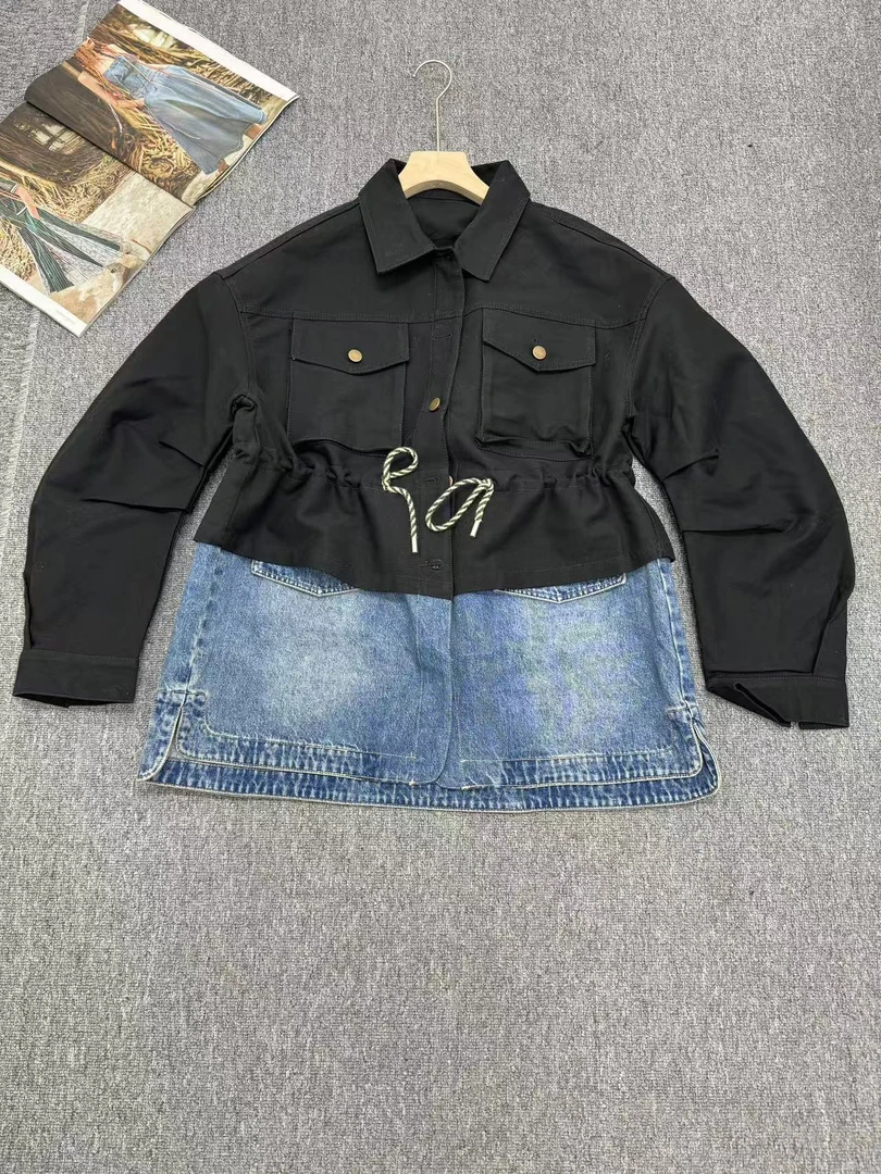 欧货女装春季新款收腰拼接褶皱牛仔时尚休闲外套