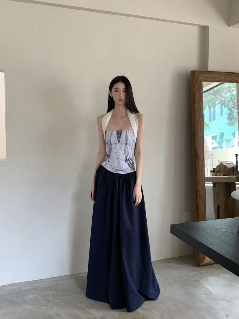 新中式连衣裙印花设计小众不撞款拼接多穿度假长款抹胸长裙女夏季