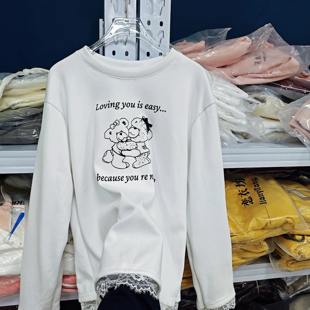 爱情熊长袖百搭洋气潮流白色印花T恤宽松圆领时尚韩版休闲打底衫