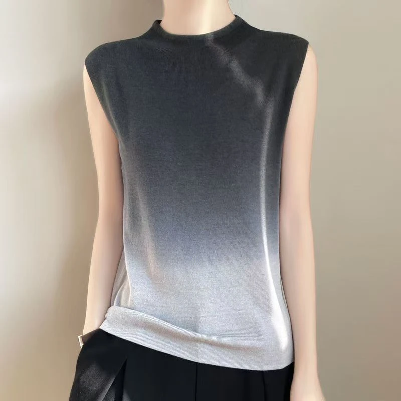 精纺羊毛半高领针织背心女内搭修身显瘦渐变色打底衫上衣无袖薄款