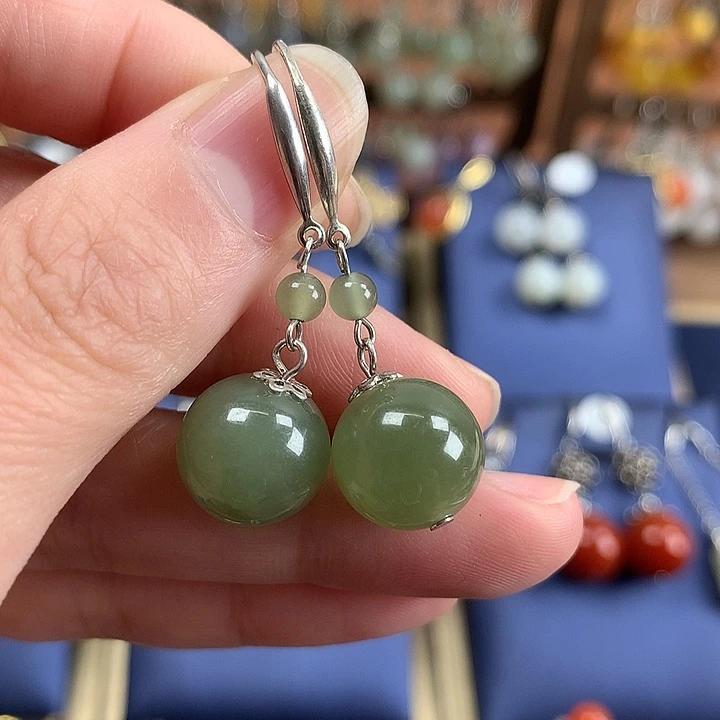 和田玉银S925镶嵌耳饰12左右晴水绿