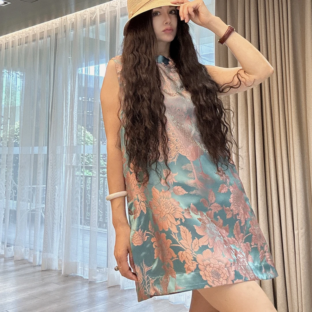 【周周家】气质时尚印花无袖复古孔雀粉无袖真丝上衣裙