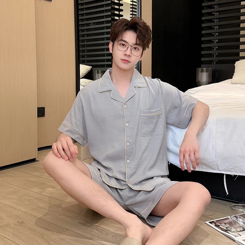 睡衣男士夏季短袖薄款云朵棉开衫款加大码夏天休闲宽松家居服套装