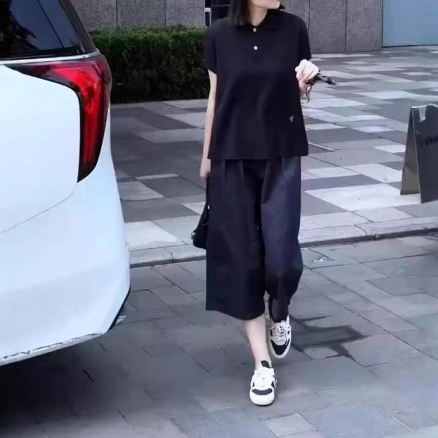 套装女夏2025新款独特超好看黑色两件套胖MM宽松显瘦上衣休闲裤