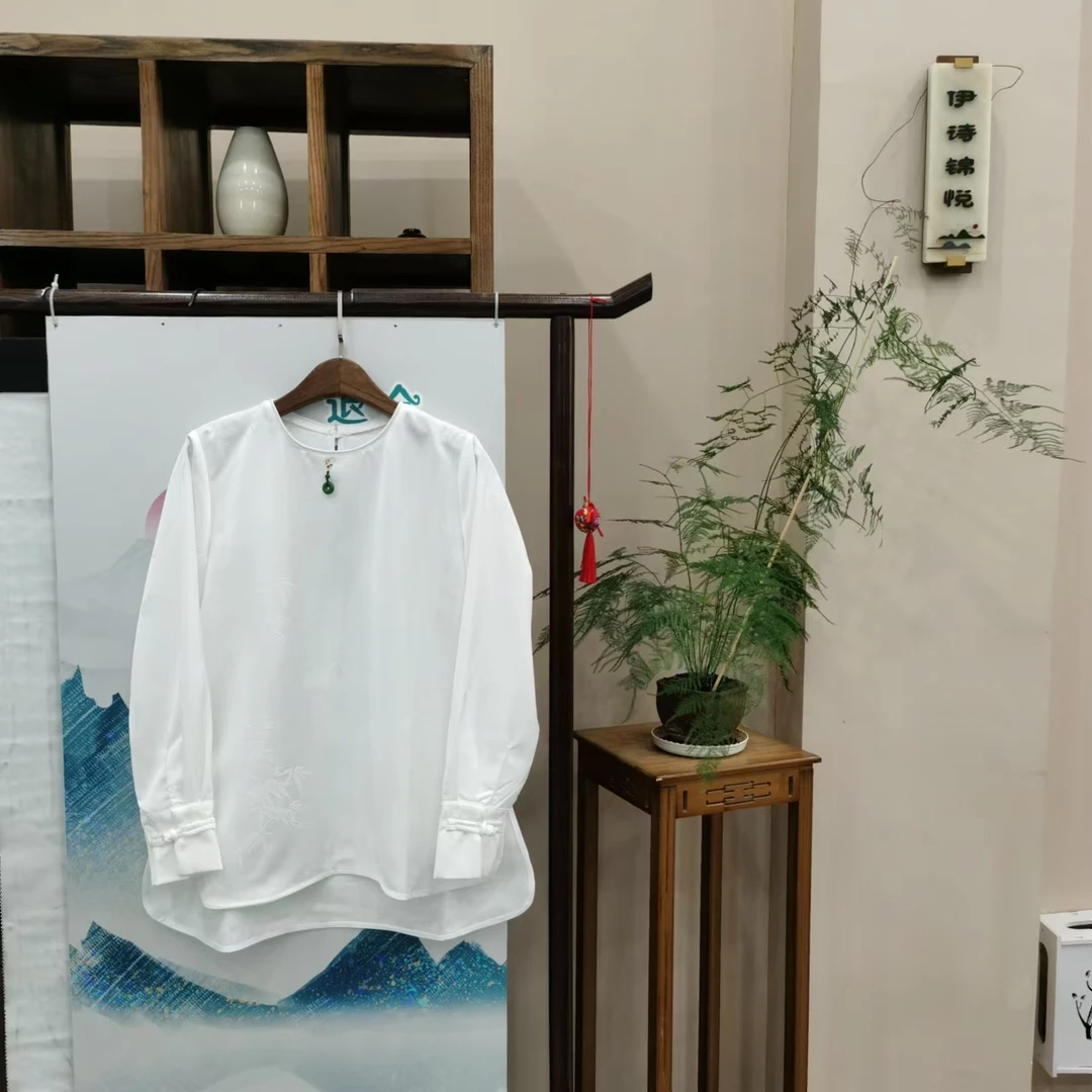 『云中竹』【伊诗锦悦】新中式复古百搭宽松气质中国风长袖圆领提花衫