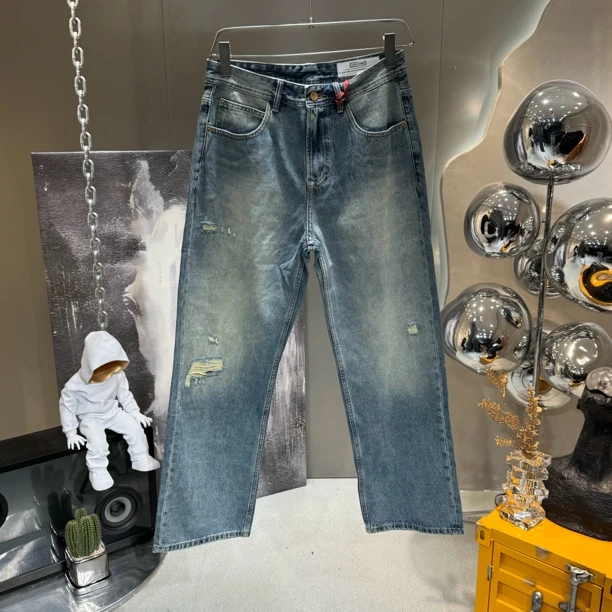 高端美式百搭直筒水洗磨破牛仔裤男女宽松复古做旧潮牌显瘦裤子