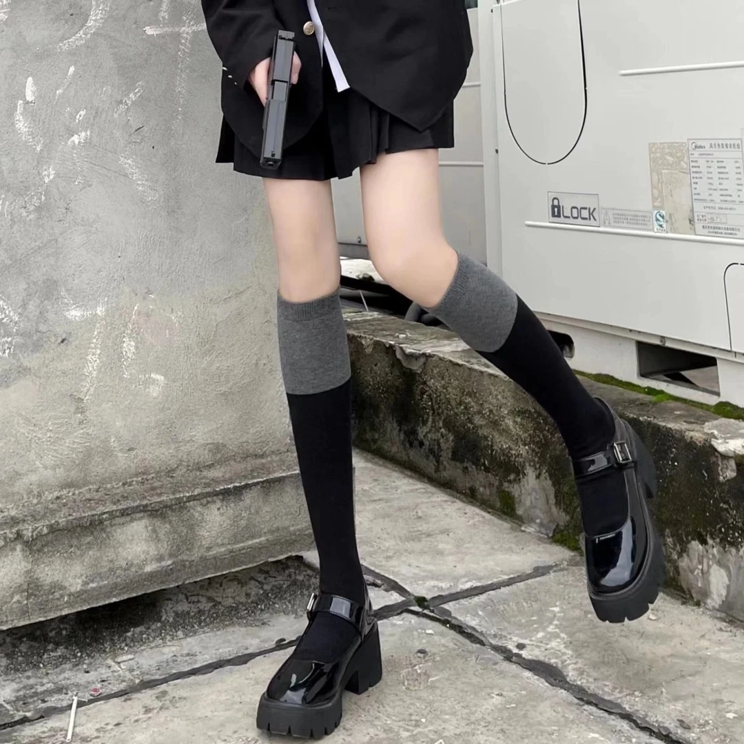 【分段式压力显瘦】长袜子女过膝到大腿黑灰拼接学院风JK小腿袜塑腿