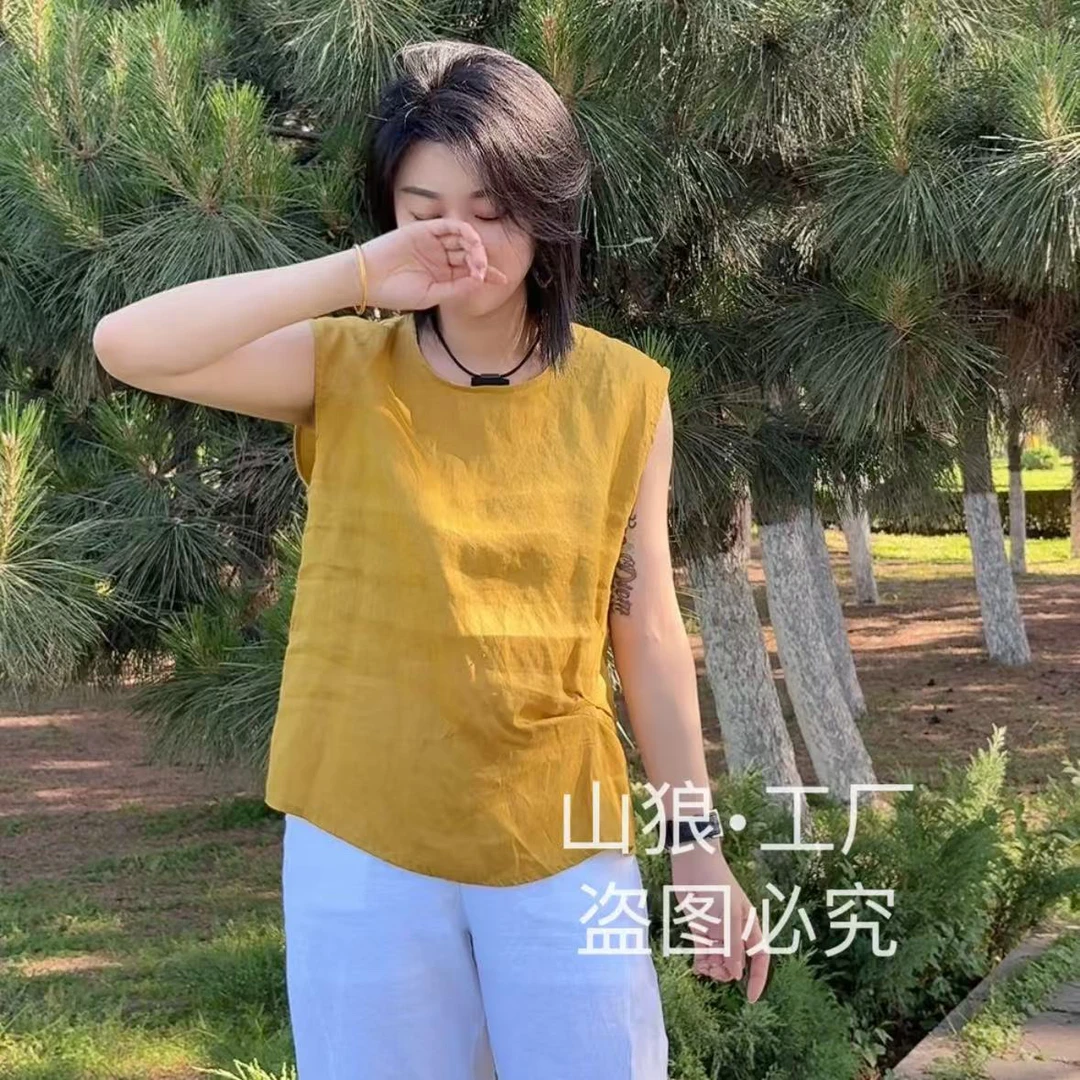 夏季777款薄料亚麻后背扣无袖衫百搭