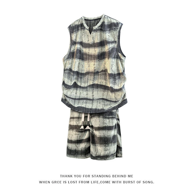 夏季新款套装男背心宽松大码无袖休闲百搭复古潮牌短裤套装