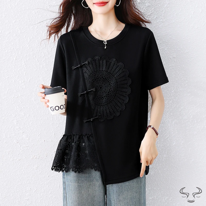 2025夏季新品胖MM短袖蕾丝拼接上衣大码设计感遮肚子宽松T恤