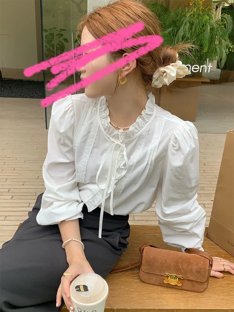 肉肉家*大码素色华尔兹白色衬衫