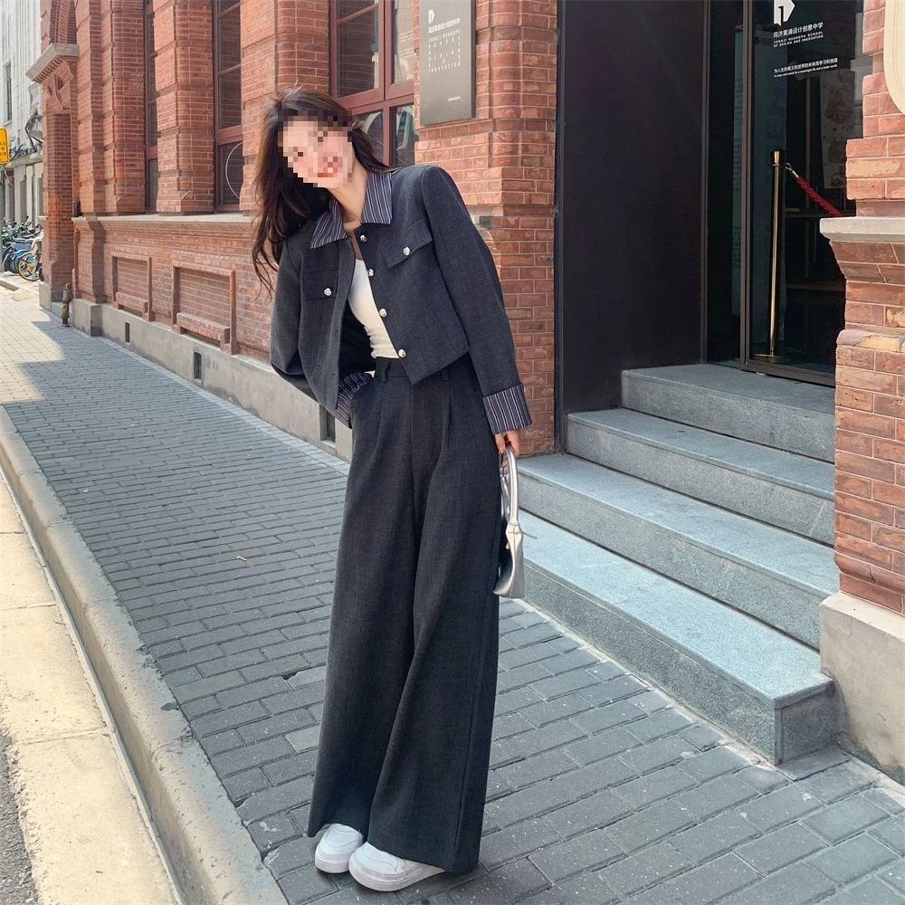 复古时尚休闲套装春秋季外套香风新款条纹长裤气质两件套