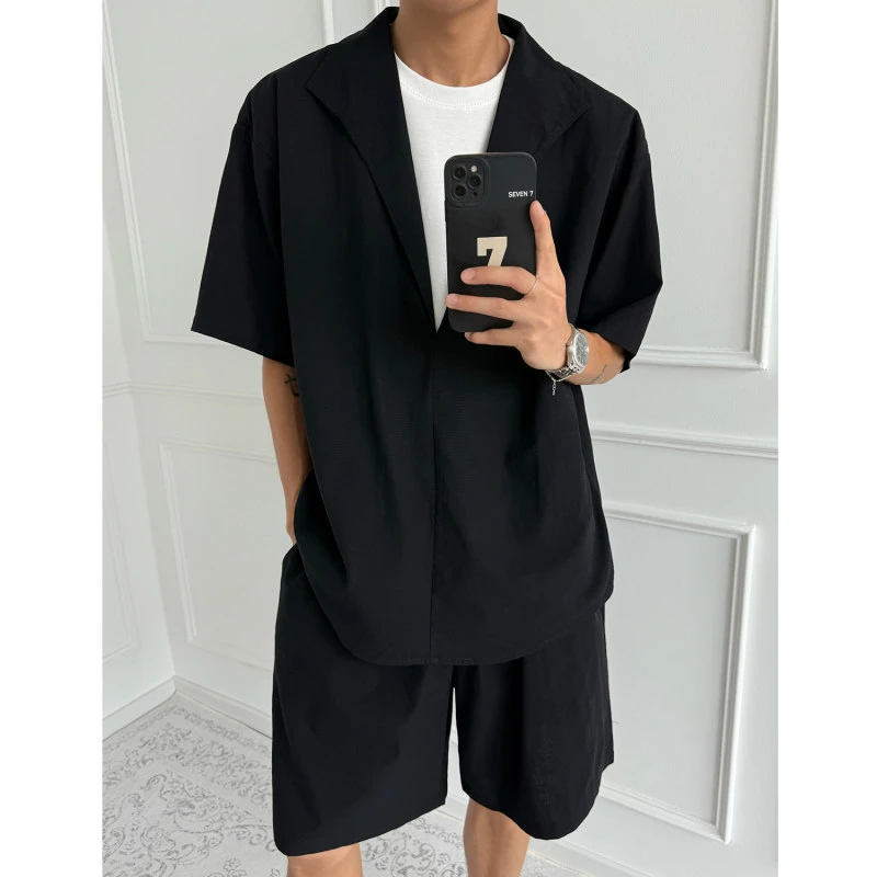 (两件套)夏季男士假两件套装韩版亚麻老钱风短裤轻熟夏装帅气潮