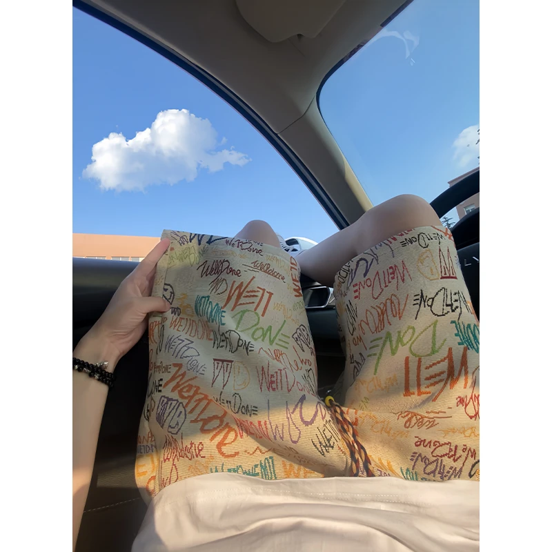 国潮夏威夷风字母涂鸦彩绘短裤男女夏季多巴胺嘻哈五分裤宽松中裤